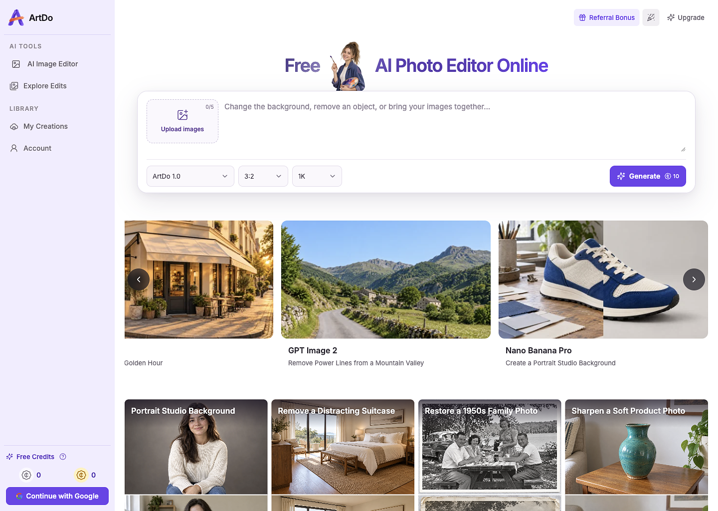 The screenshot shows the live ArtDo browser interface, including the AI photo editor workspace where users upload images, enter editing instructions, select available models and settings, and review generated results.