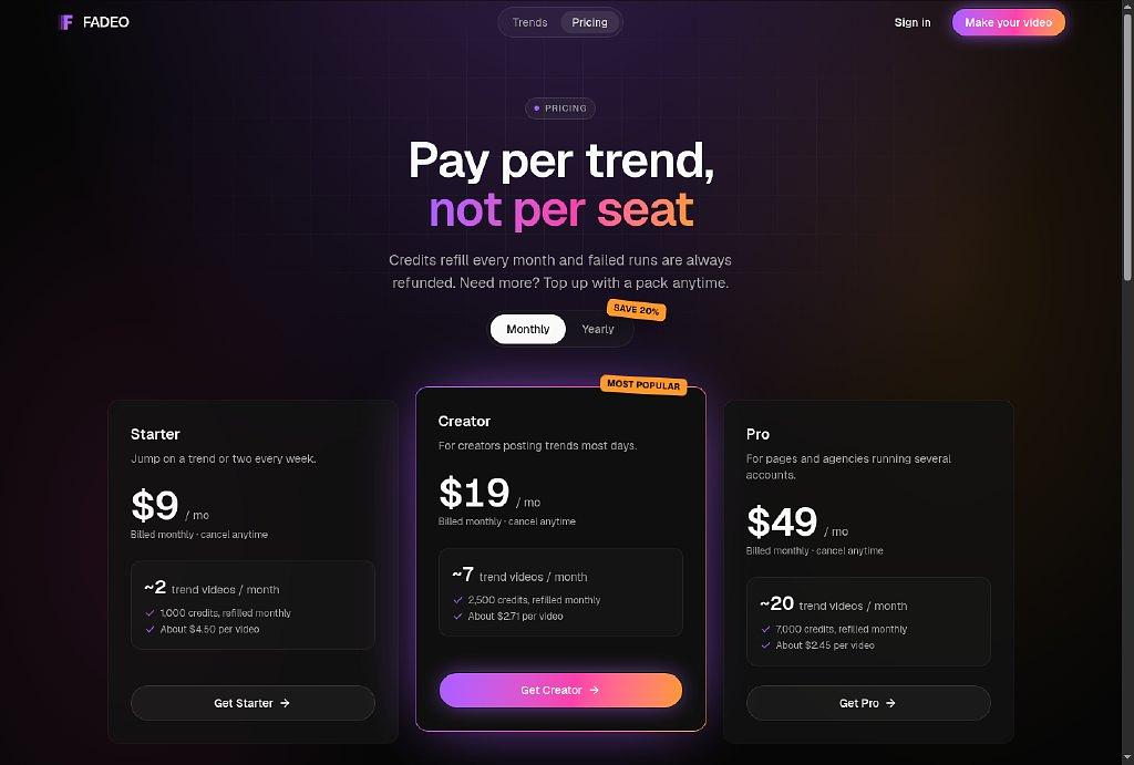 The FADEO homepage trend maker (pick a template, upload a photo, generate) and the public pricing page with monthly plans from $9 and per-video prices. — image 2