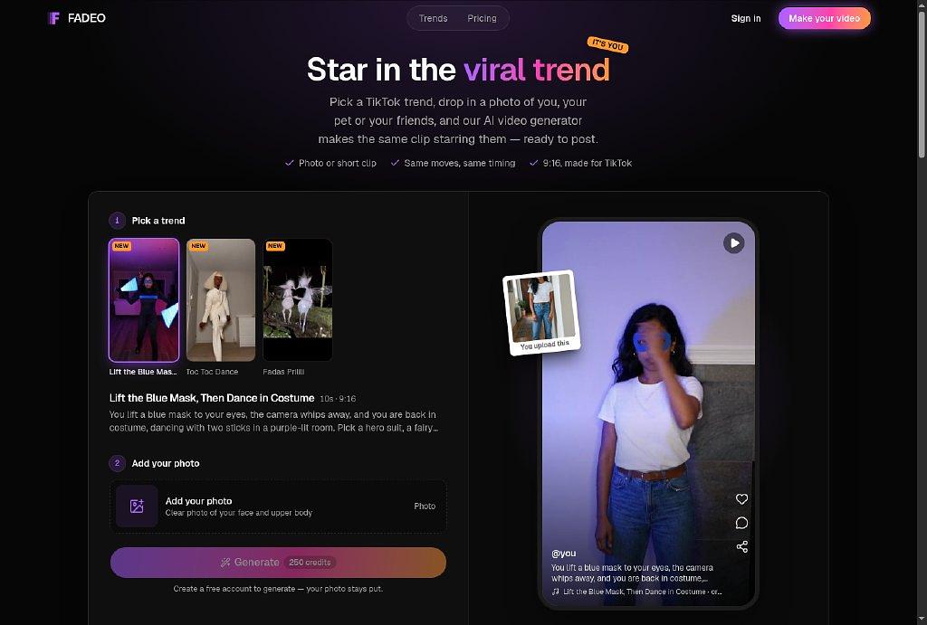 The FADEO homepage trend maker (pick a template, upload a photo, generate) and the public pricing page with monthly plans from $9 and per-video prices.