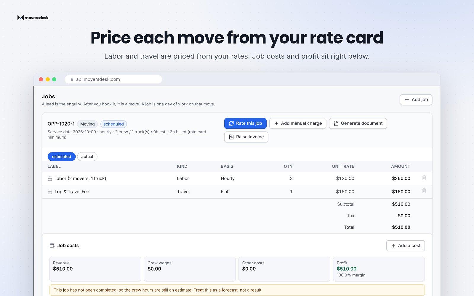 Real MoversDesk app screens: dashboard overview, leads, estimates, AI receptionist and dispatch board. — image 3