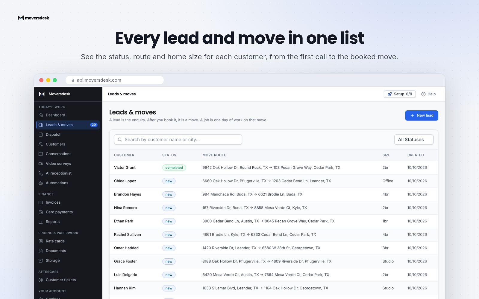 Real MoversDesk app screens: dashboard overview, leads, estimates, AI receptionist and dispatch board. — image 2