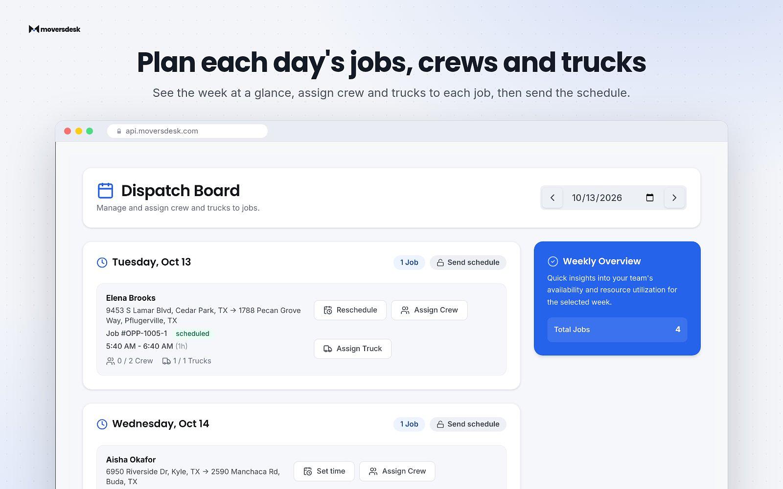 Real MoversDesk app screens: dashboard overview, leads, estimates, AI receptionist and dispatch board. — image 5