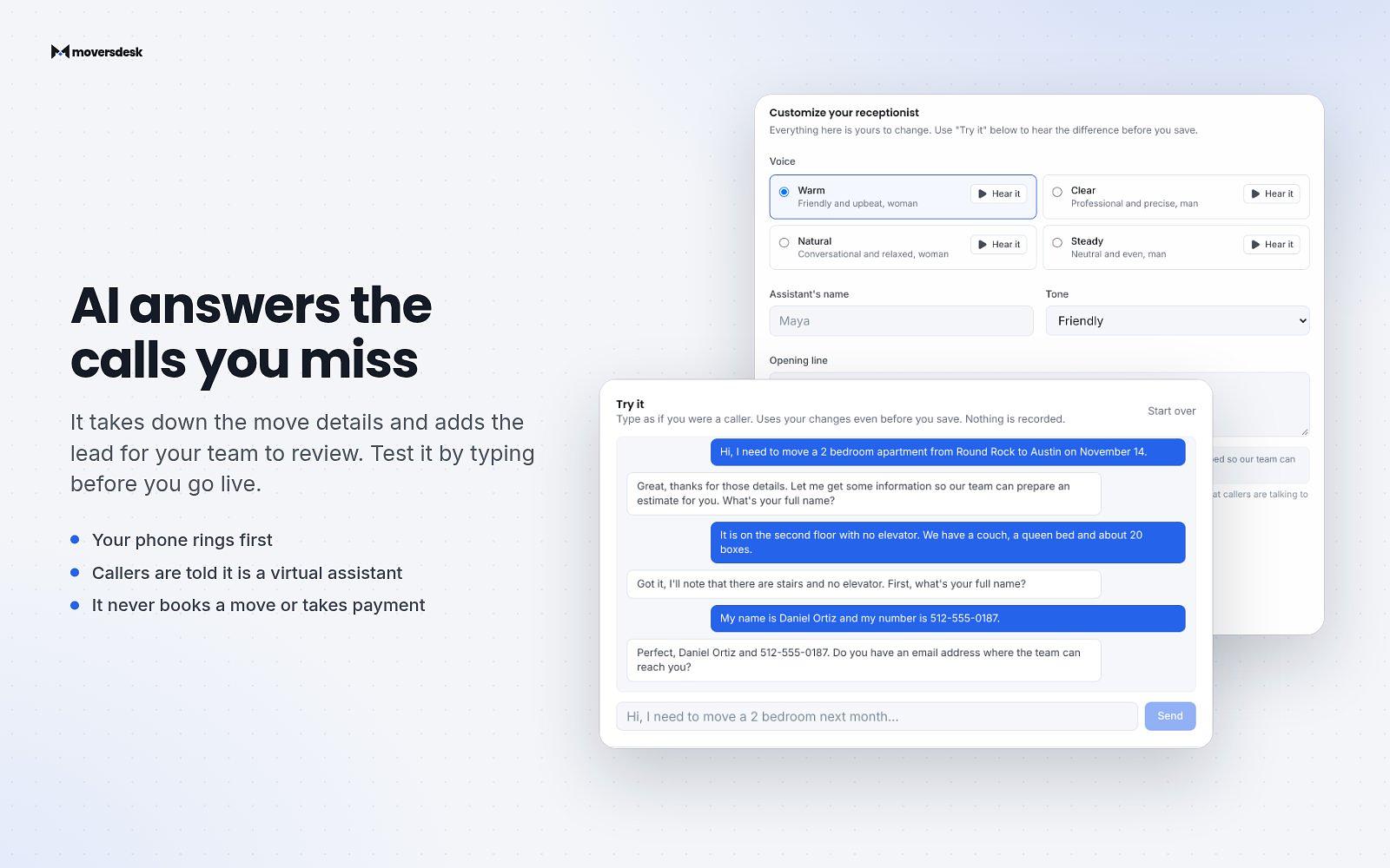 Real MoversDesk app screens: dashboard overview, leads, estimates, AI receptionist and dispatch board. — image 4