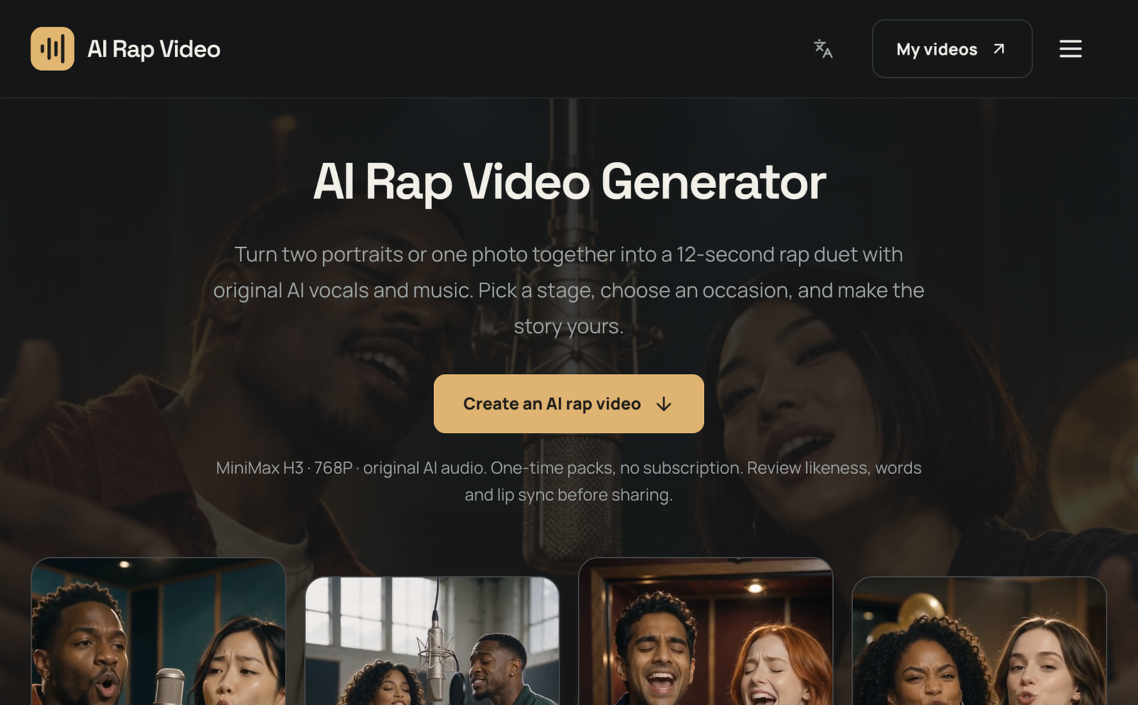Actual public AI Rap Video homepage and generation interface. Showcase media is separately produced concept imagery, not verified customer output from the current generation model.