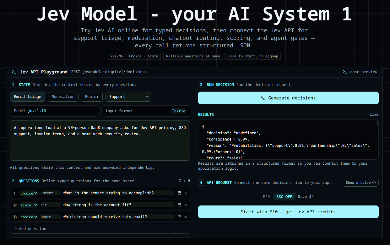 The JevModel product interface for the Jev AI playground, where users enter a plain-text description and receive typed structured decisions for application workflows. — image 1