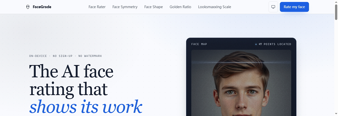 Three shots of the actual product. 1) The Face Rating page: a drop zone reading Drop a photo. Read the number. with an Upload a photo button, the 478-landmark and five-proportions explanation, and the note that processing happens entirely in your browser so the photo is never uploaded or stored. 2) The home page hero with the upload entry point and a face-map panel showing 47 points located. 3) The method page explaining how the face score is calculated. — image 2