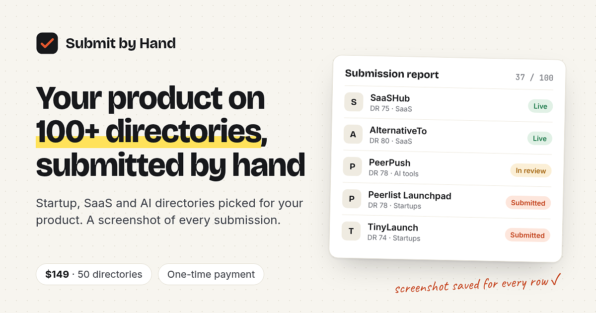 Product graphic showing the Submit by Hand submission report: one row per directory with status (Live / In review / Submitted), domain rating and category. The live product at https://submitbyhand.com shows the same report inside each order page. — image 1