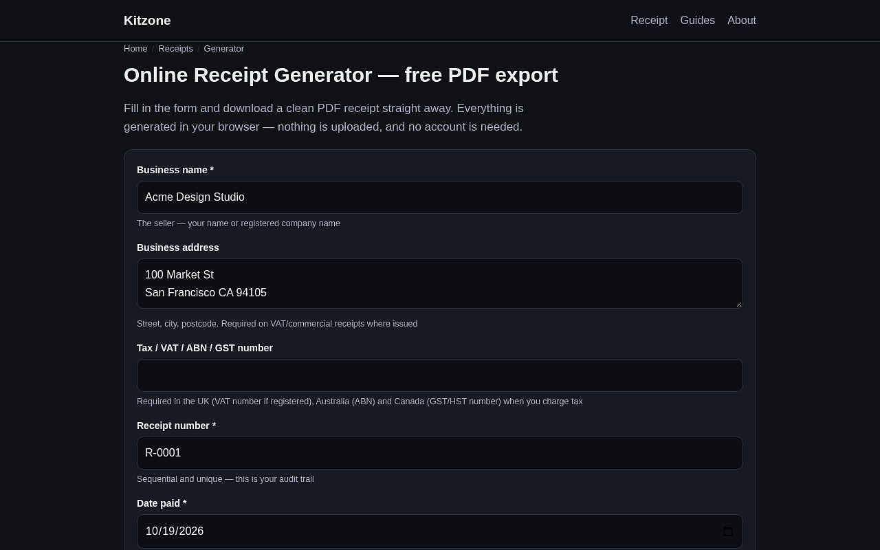 Receipt generator: business details and receipt fields. Line items, tax rate and totals. Generated PDF receipt, created in the browser. Country-specific rules for the UK, US, Canada and Australia.