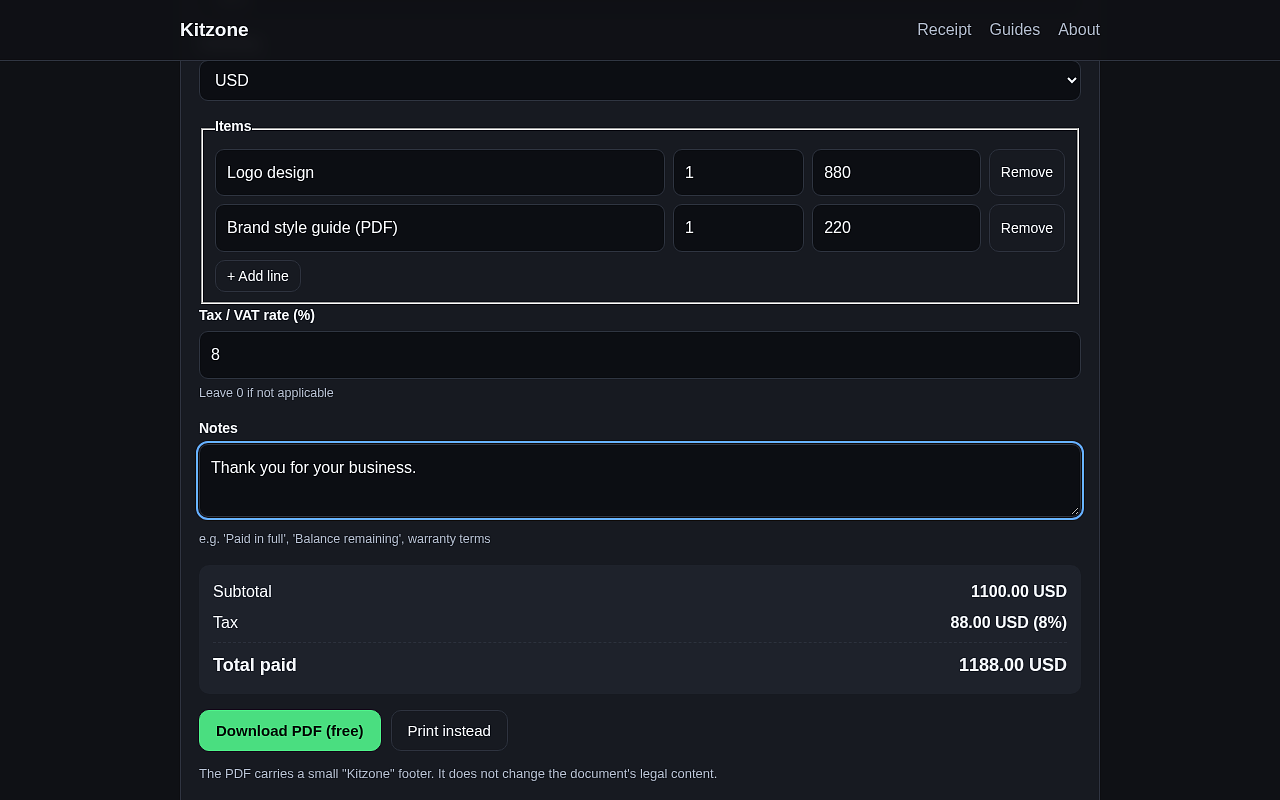 Receipt generator: business details and receipt fields. Line items, tax rate and totals. Generated PDF receipt, created in the browser. Country-specific rules for the UK, US, Canada and Australia. — image 2