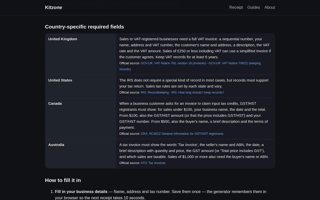 Receipt generator: business details and receipt fields. Line items, tax rate and totals. Generated PDF receipt, created in the browser. Country-specific rules for the UK, US, Canada and Australia. — image 4