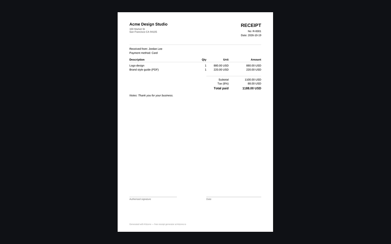 Receipt generator: business details and receipt fields. Line items, tax rate and totals. Generated PDF receipt, created in the browser. Country-specific rules for the UK, US, Canada and Australia. — image 3