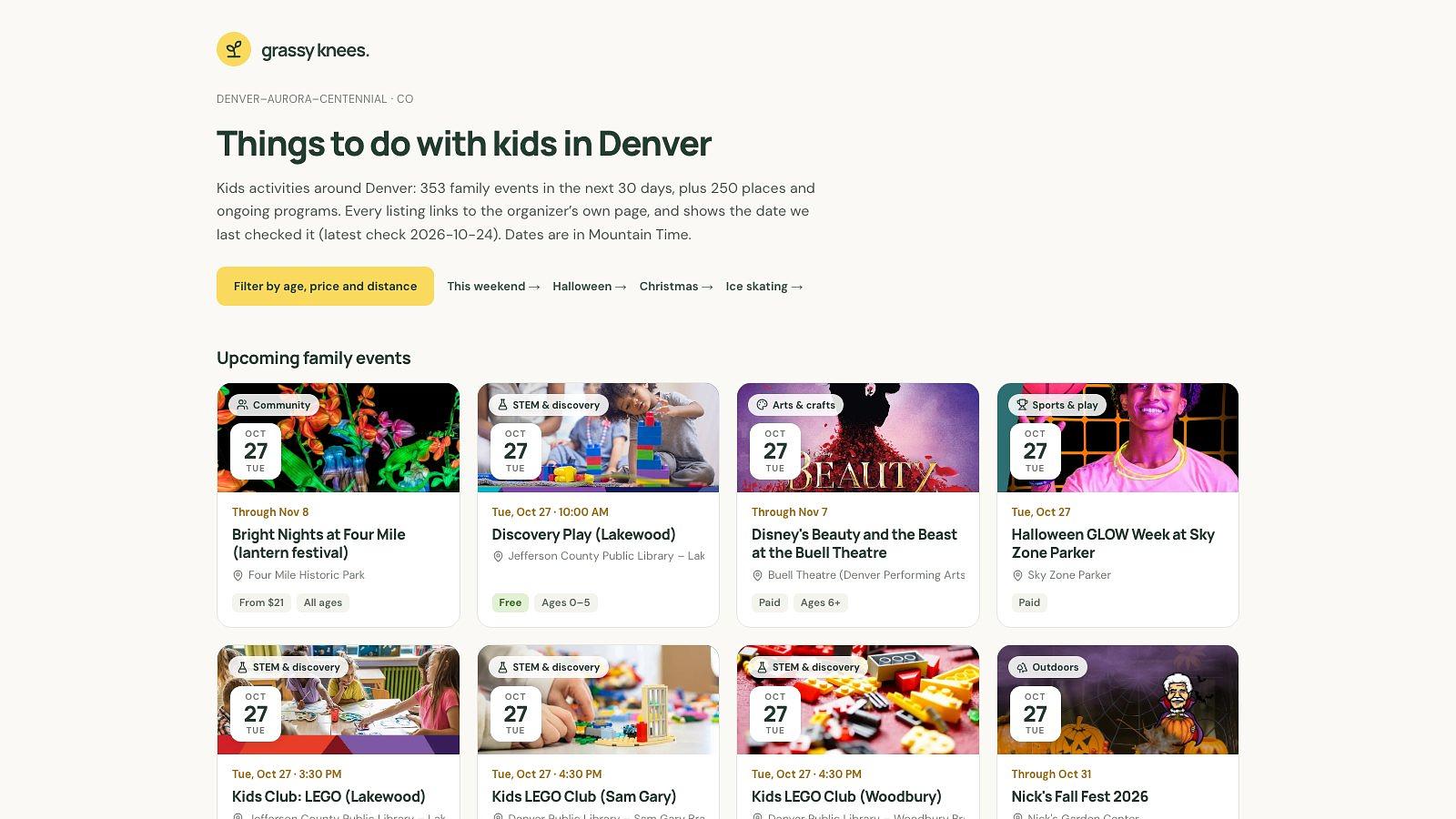 Grassy Knees Denver page: things to do with kids, upcoming family events with dates, ages and prices