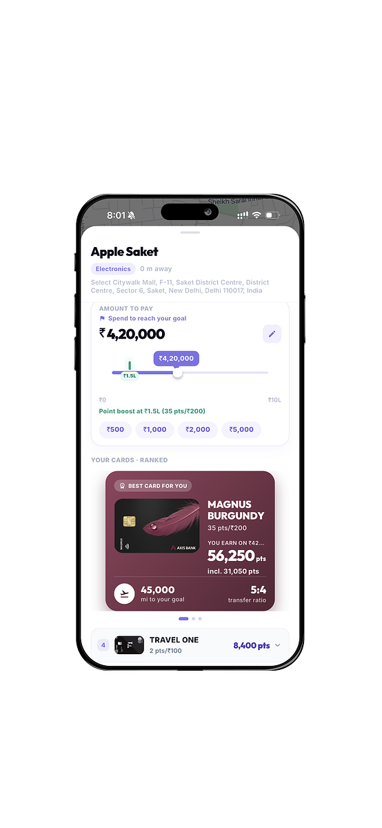 Screens from the PointsFly app: the home screen with the dream destination tracker and Radar, the card wallet showing all cards and points, the best card recommendation for a store purchase, flight search with points vs cash prices, and hotel search with points value per stay. — image 3