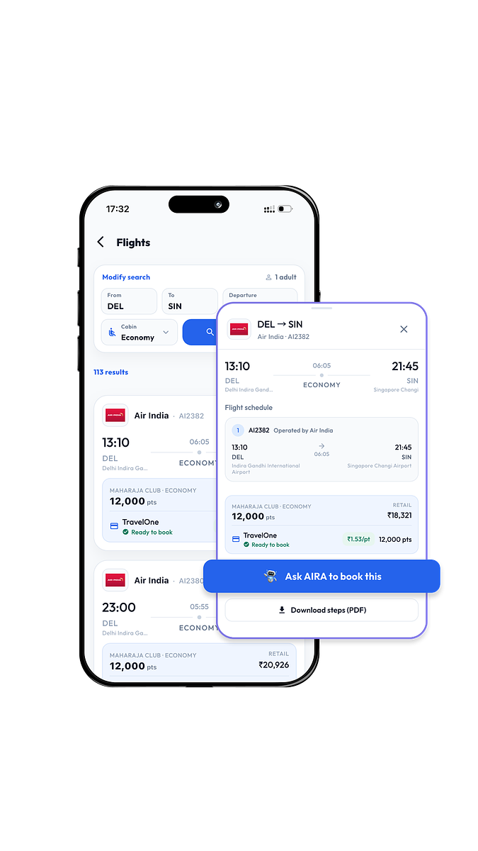 Screens from the PointsFly app: the home screen with the dream destination tracker and Radar, the card wallet showing all cards and points, the best card recommendation for a store purchase, flight search with points vs cash prices, and hotel search with points value per stay. — image 4