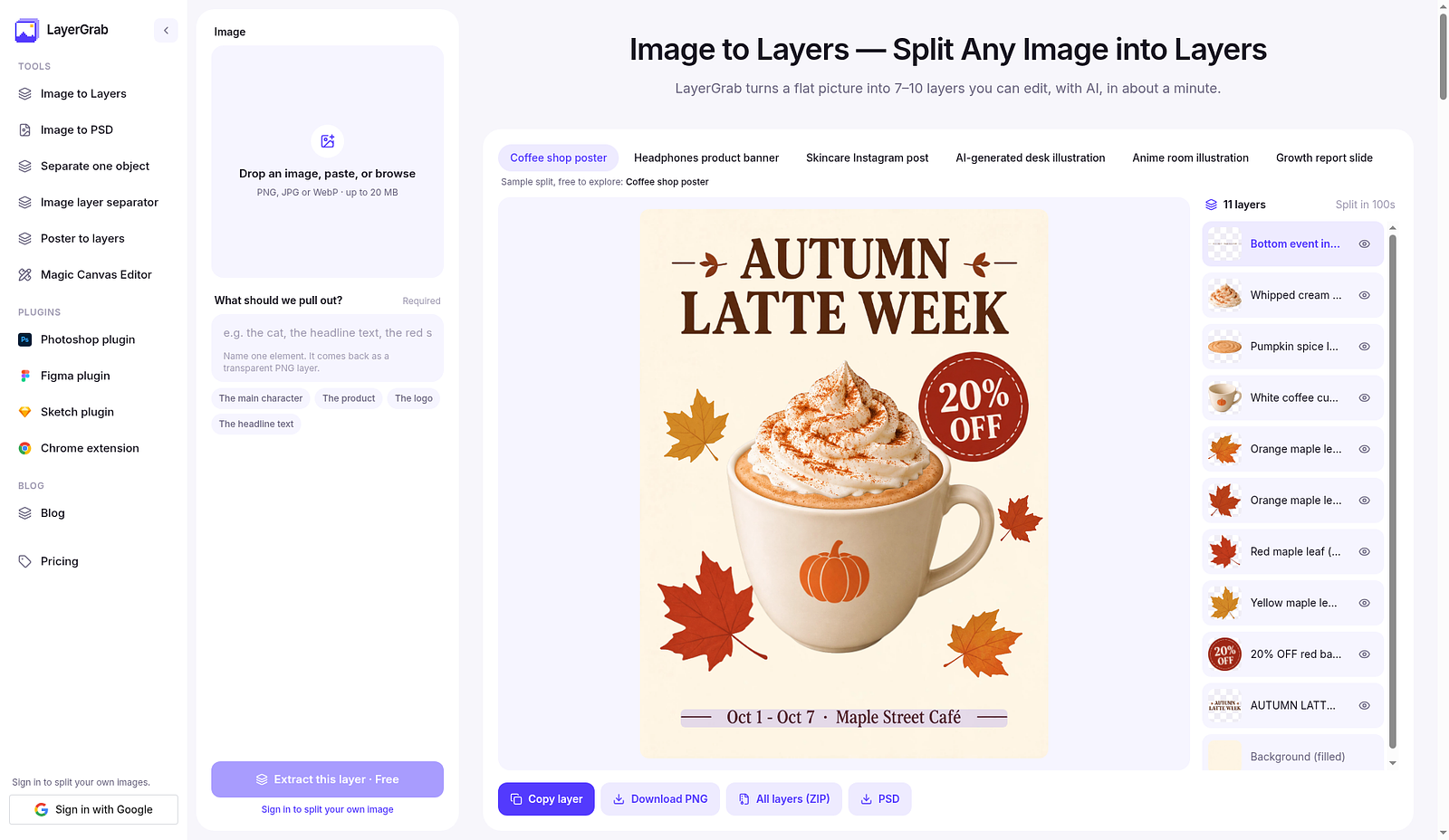 LayerGrab web app: drop a flat image and see it split into named editable layers, with the background filled in.