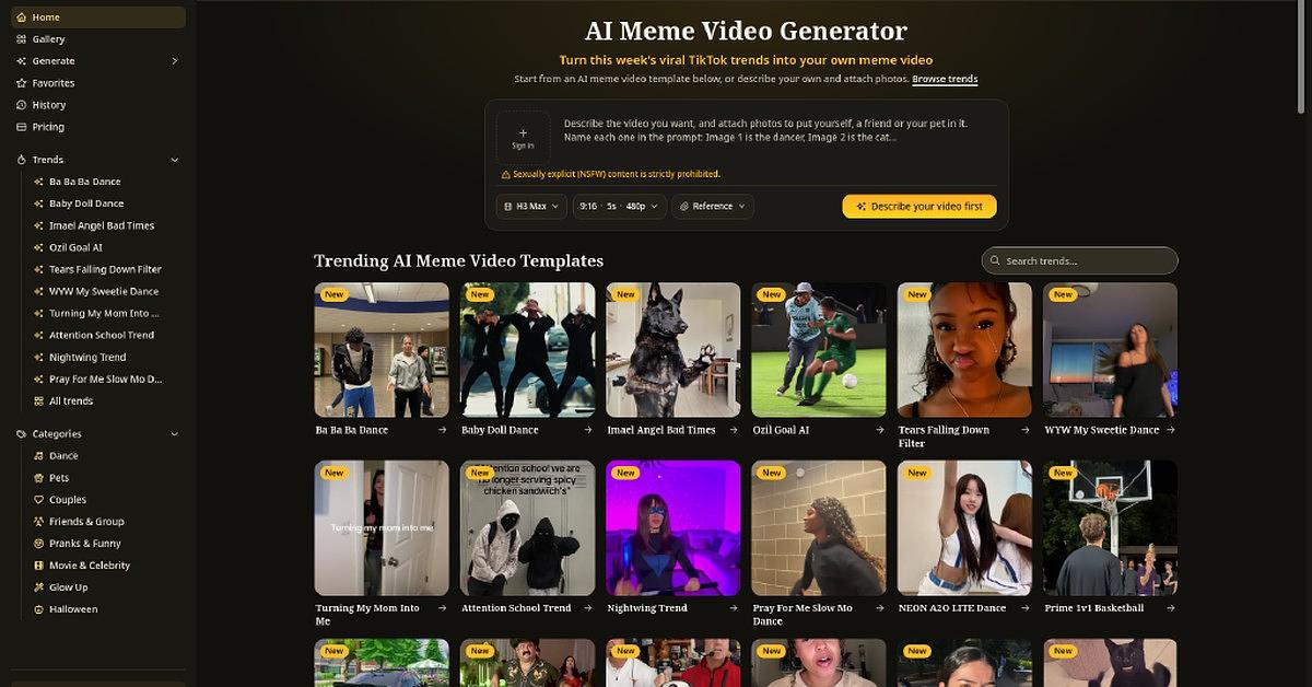ViralRemix product interface: trending AI meme video templates and the how-it-works steps to generate a meme video.