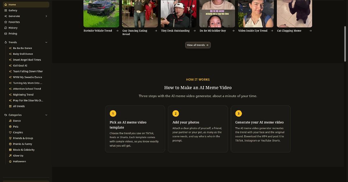 ViralRemix product interface: trending AI meme video templates and the how-it-works steps to generate a meme video. — image 2