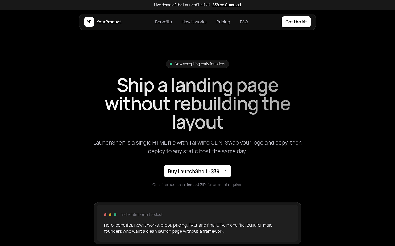 Screenshots of the public LaunchShelf demo page: hero, pricing, and sections of the static HTML and Tailwind kit.