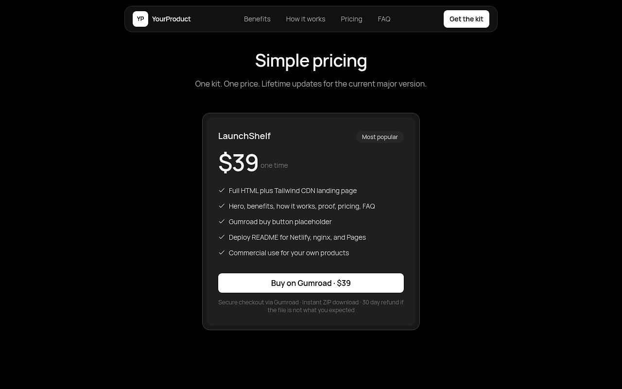 Screenshots of the public LaunchShelf demo page: hero, pricing, and sections of the static HTML and Tailwind kit. — image 2