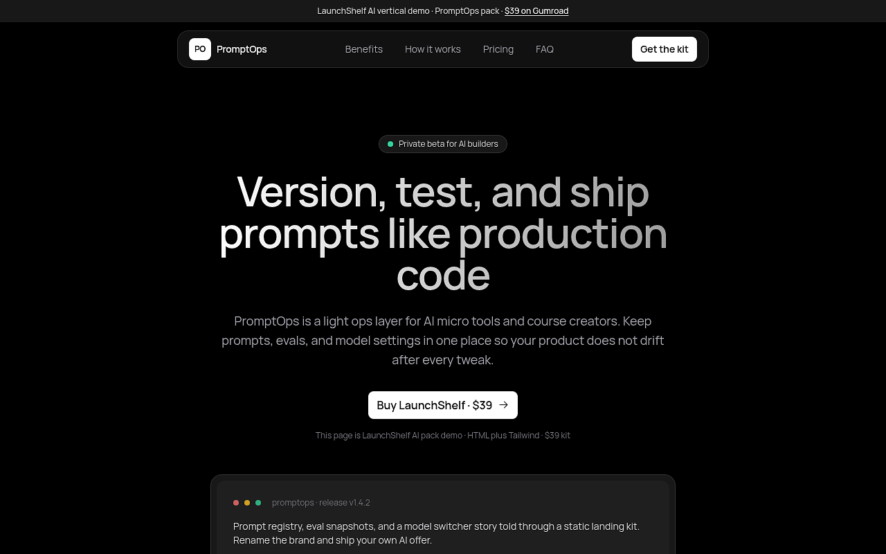 Screenshots of the public LaunchShelf demo page: hero, pricing, and sections of the static HTML and Tailwind kit. — image 3