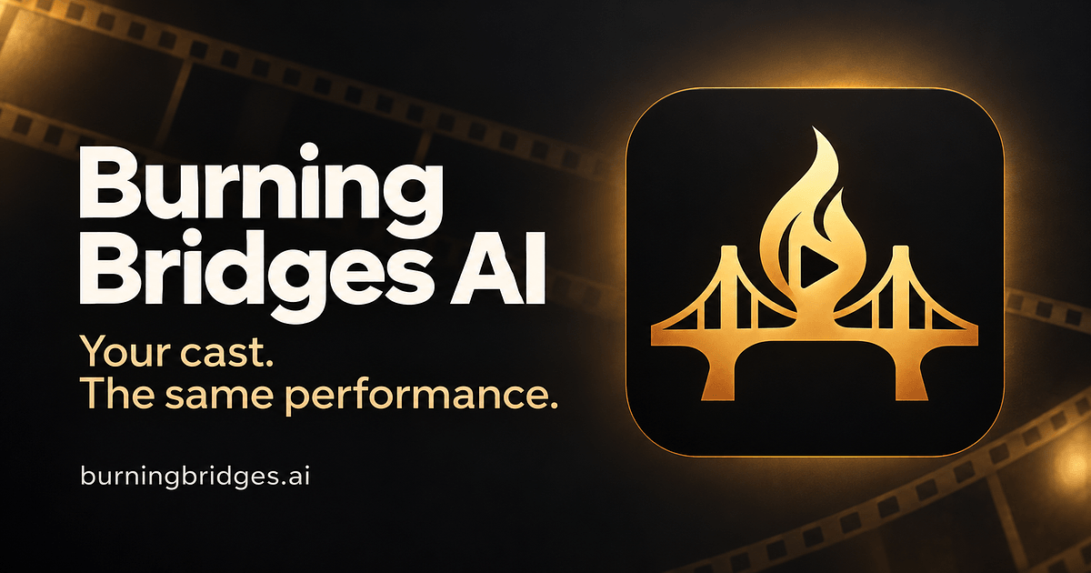Burning Bridges AI homepage and open-graph preview showing the motion transfer and object swap video studio.