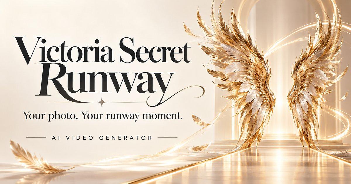 Victoria Secret Runway homepage and preview images showing the runway looks and photo-to-video flow.
