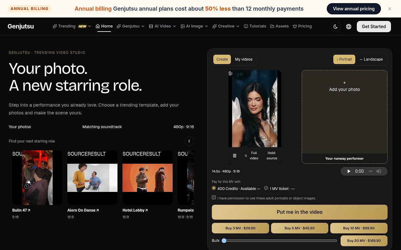 The product homepage showing the video generator interface.
