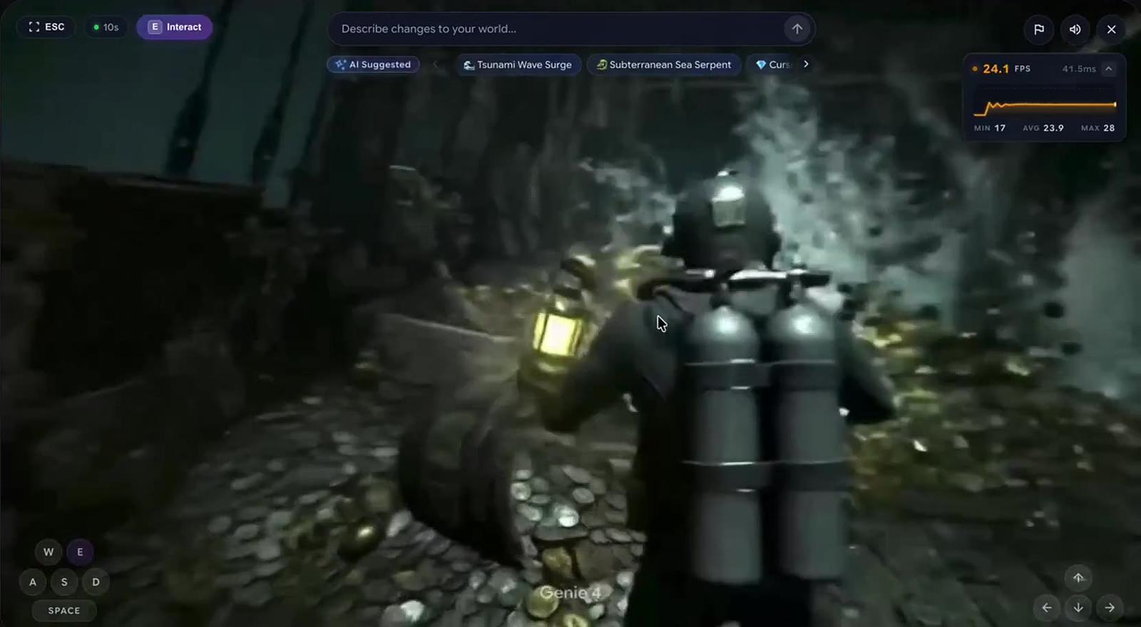 Genie4AI generate screen: a prompt to describe scene changes, model controls, and a live generated scene.
