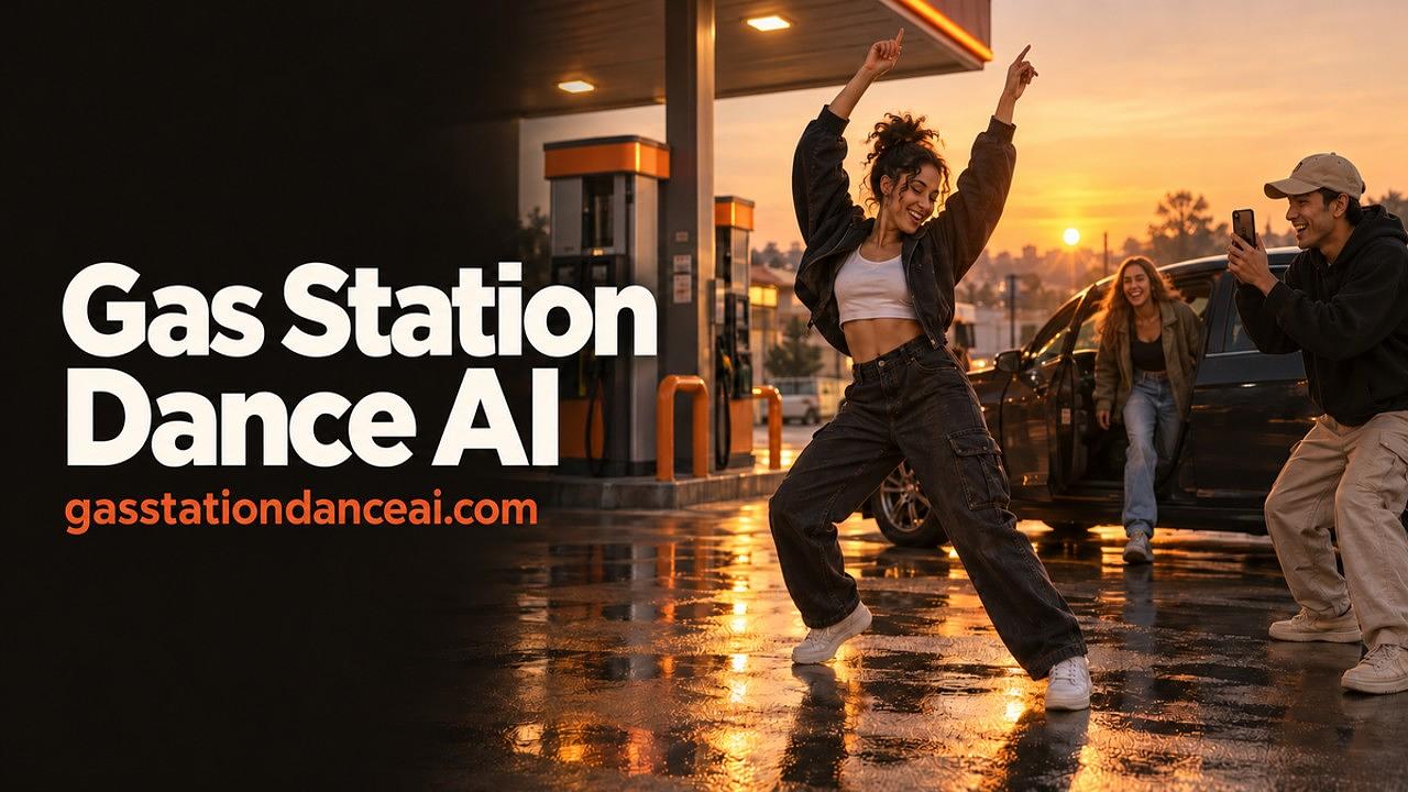 Cover image showing the Gas Station Dance AI product: example frames of a generated gas station dance video made from user photos.