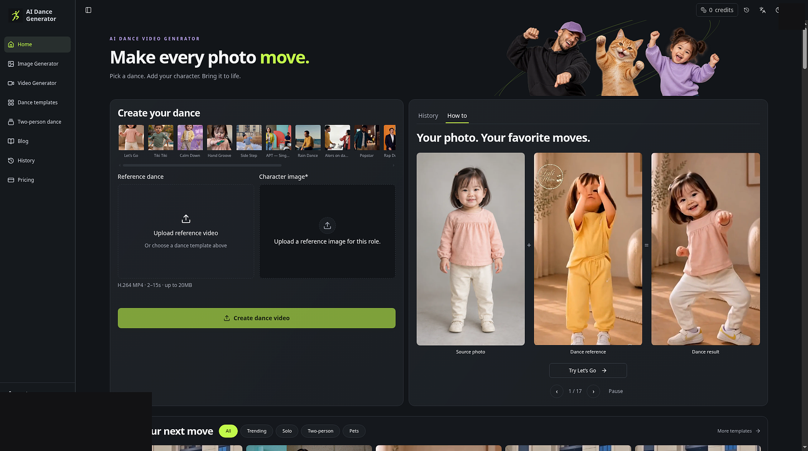 AI Dance Generator web app: upload a photo, pick a dance template, and create a dance video.