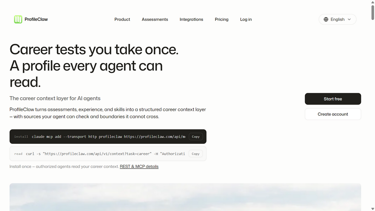 ProfileClaw homepage showing the career context layer for AI agents, with MCP install and REST context read examples. — image 1