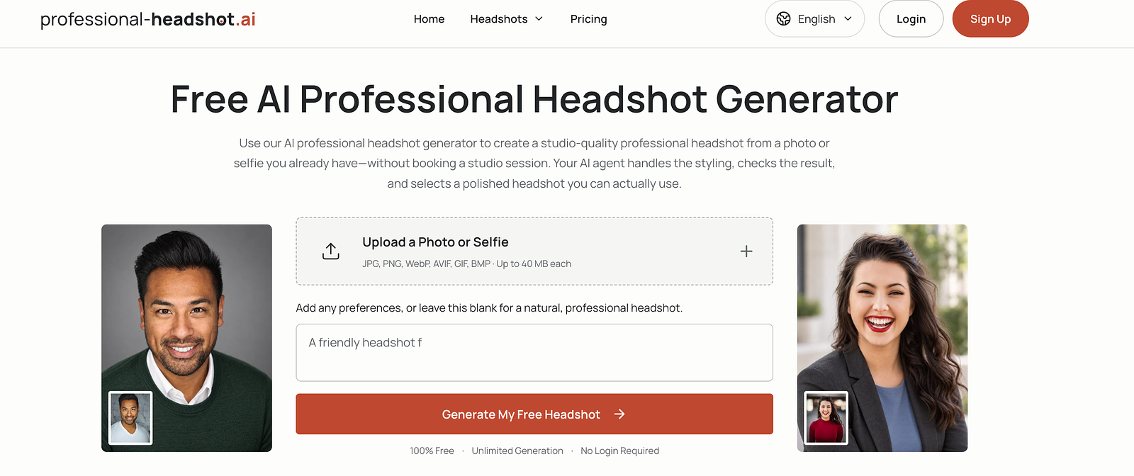 The screenshots show the Professional-Headshot.ai homepage, including the photo upload form and before-and-after examples of everyday photos transformed into studio-quality professional headshots with professional lighting, clothing, and backgrounds.