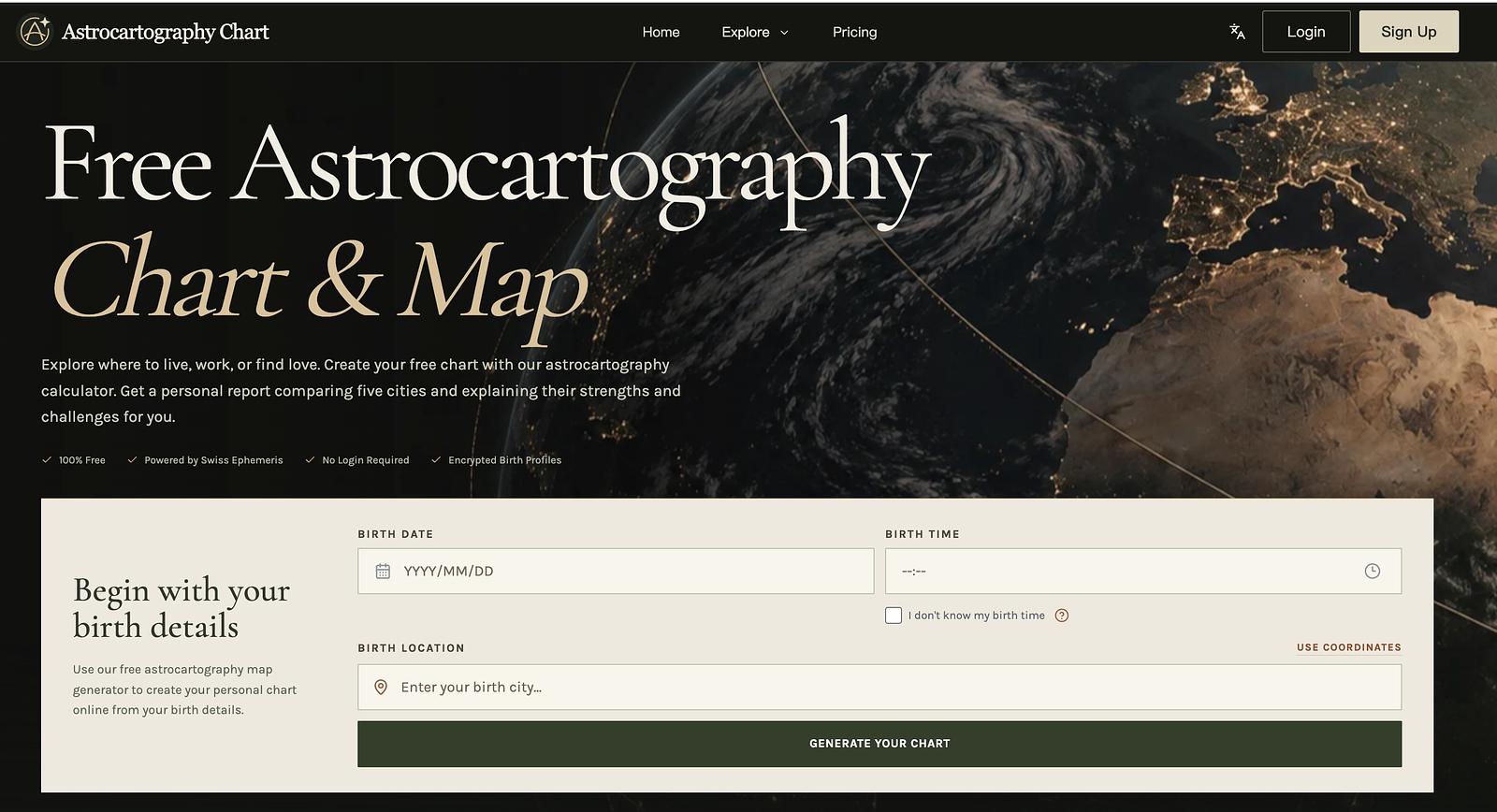 The Astrocartography Chart web interface.