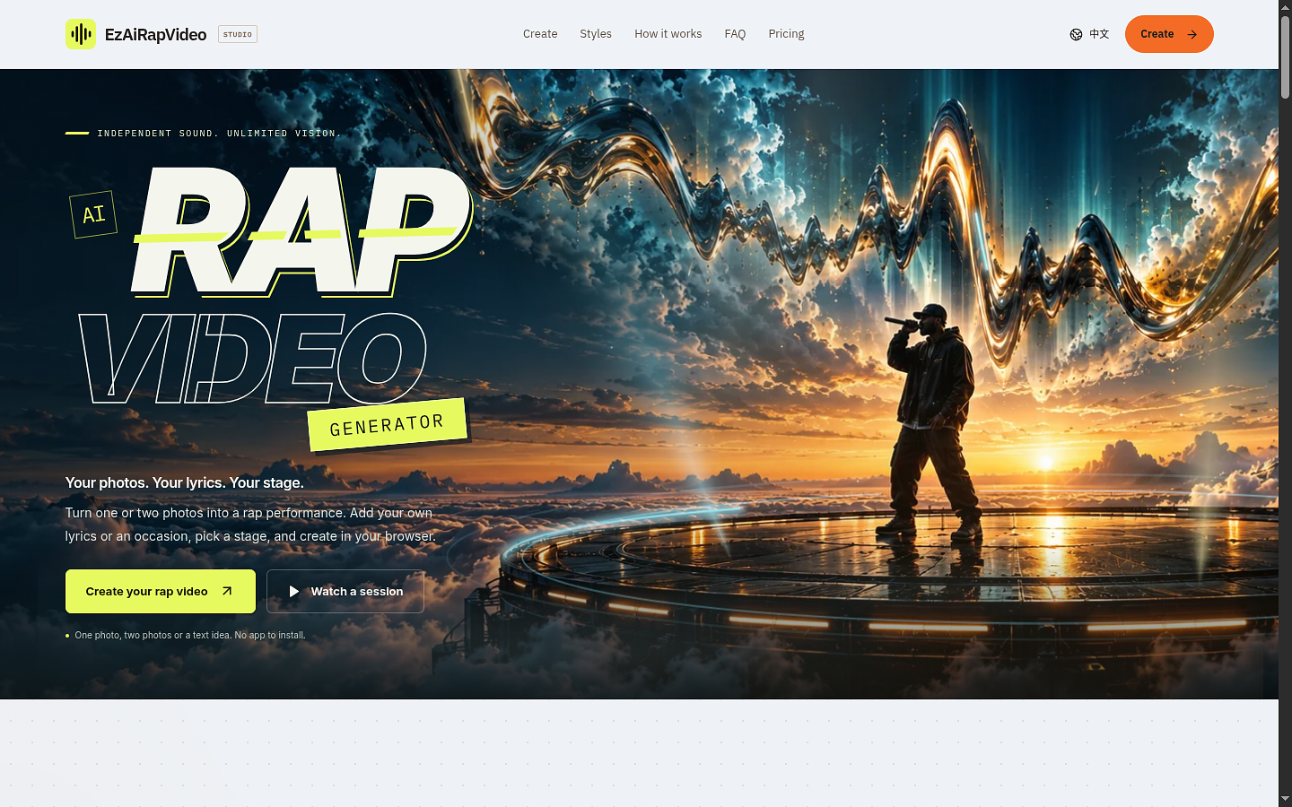 The EzAiRapVideo homepage showing the AI rap video generator and its stages.