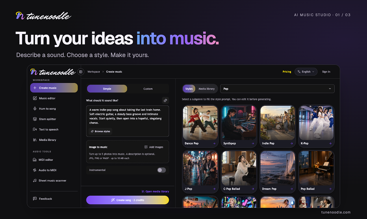 The screenshot shows the Tunenoodle create workspace: the prompt field, the style browser, and the generated-song flow.