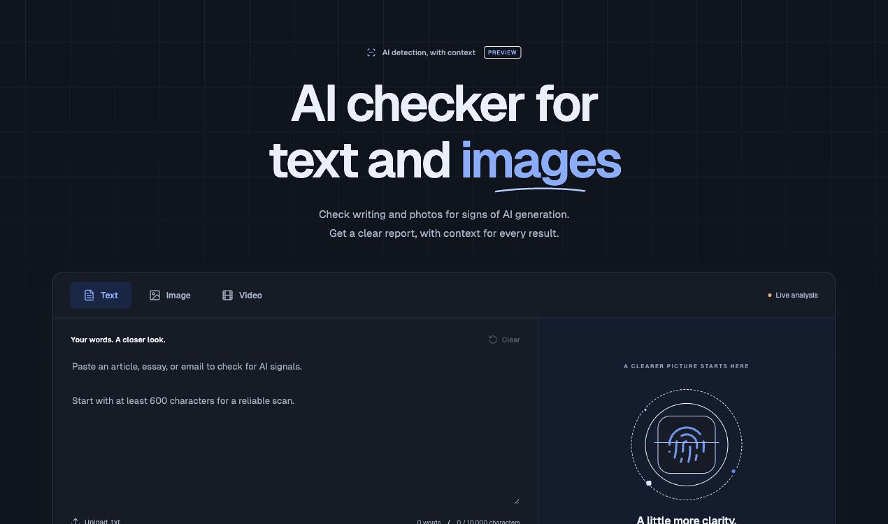 The actual AI Checker homepage with the text checker selected, a text input area and the empty results panel. No scan has been run; the video feature is coming soon.