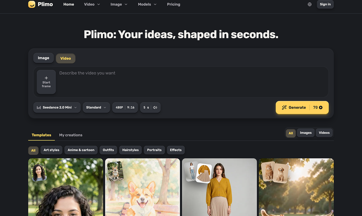 The Plimo home page with the generator (template or your own prompt) and the model picker, where image and video models are grouped by company. — image 1