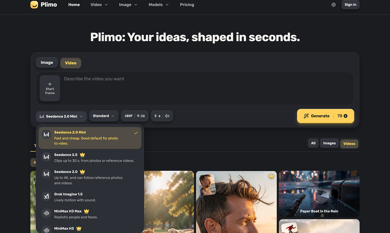 The Plimo home page with the generator (template or your own prompt) and the model picker, where image and video models are grouped by company. — image 2