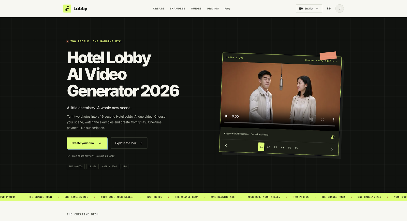 Actual LobbyClip homepage and studio entry. The displayed photo layouts and illustrations are interface examples, not generated video results.