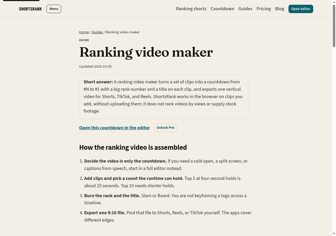 The ShortsRank ranking video maker page: a guide for assembling a vertical countdown from your own clips.