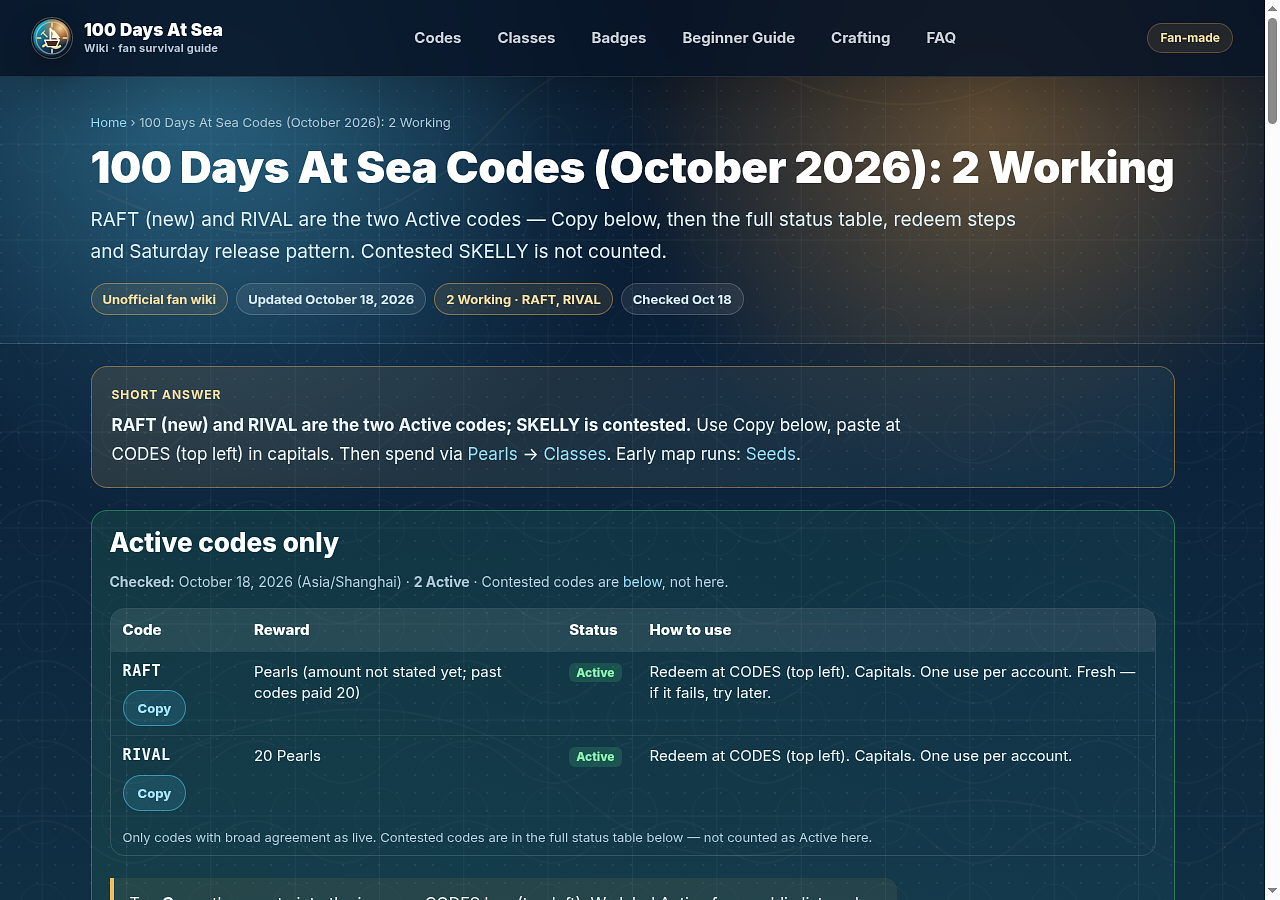 100 Days At Sea codes page: unofficial fan wiki listing checked active codes.