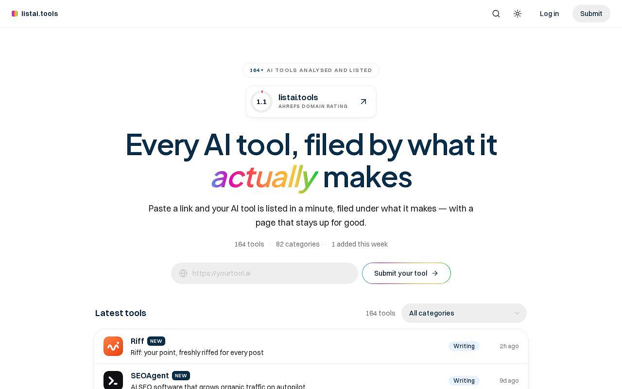 Screenshot of the listai.tools directory showing AI tools filed by what they make.