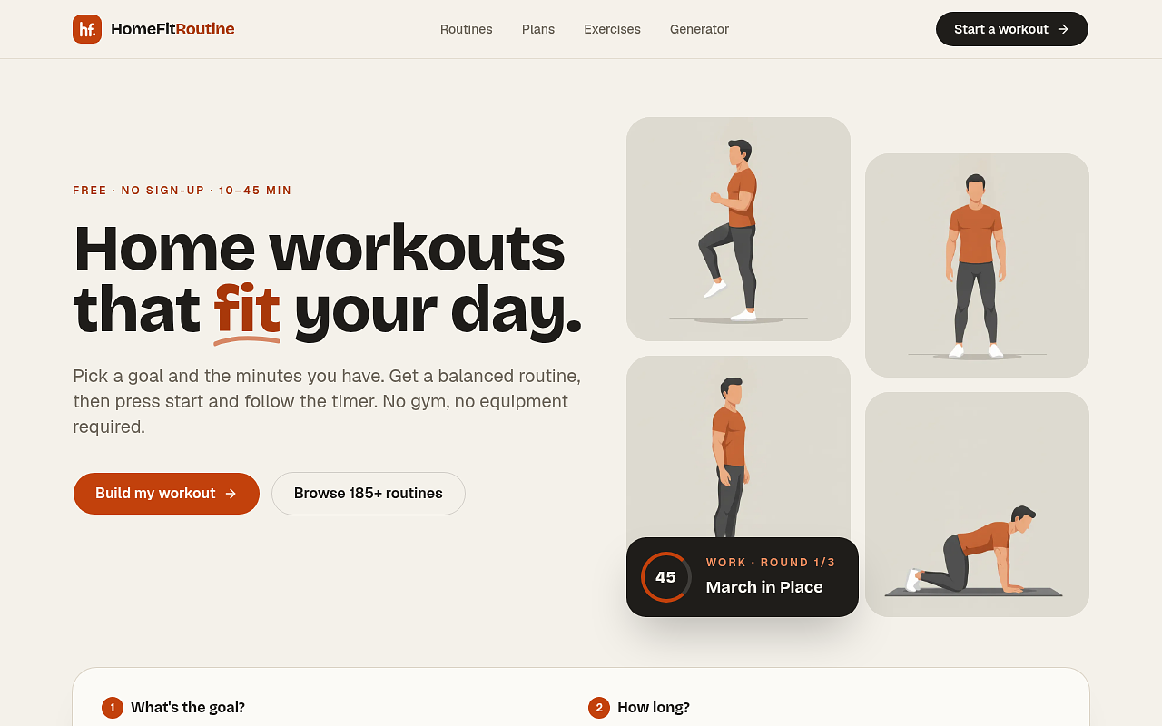 Homepage, the workout generator with goal and time options, and a generated no-equipment routine.