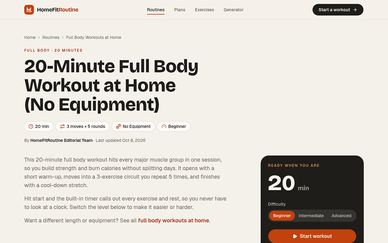 Homepage, the workout generator with goal and time options, and a generated no-equipment routine. — image 3