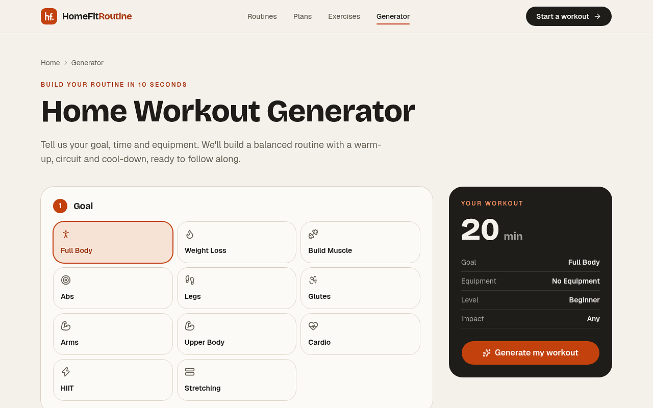 Homepage, the workout generator with goal and time options, and a generated no-equipment routine. — image 2