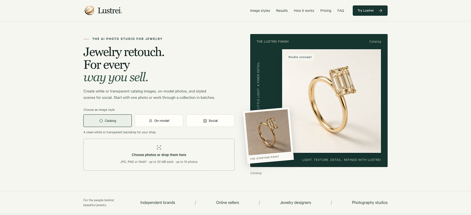 The screenshots demonstrate the user interface for uploading jewelry photos and the side-by-side comparison of AI retouching results.