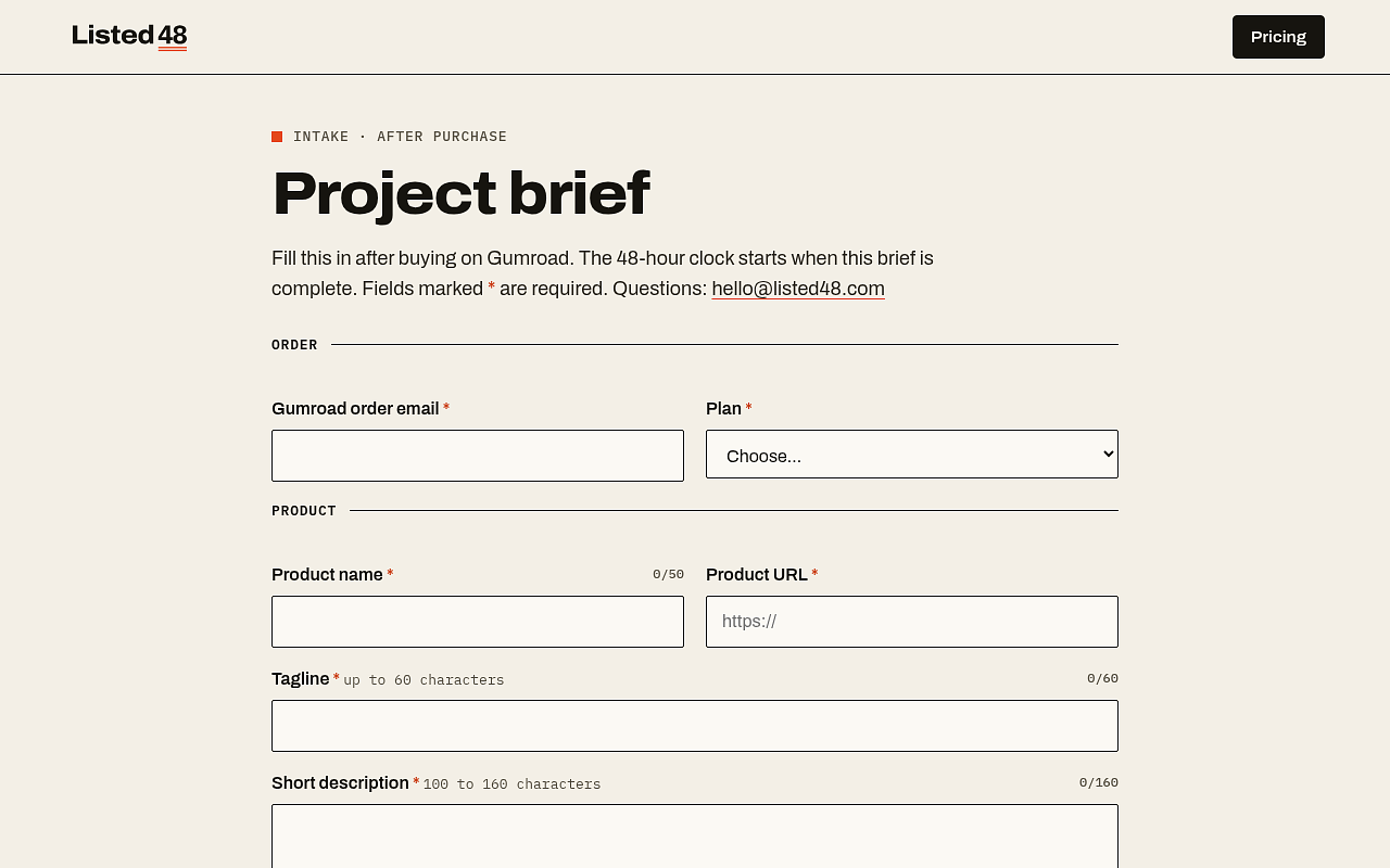 Listed48 homepage, pricing page and brief form — image 3