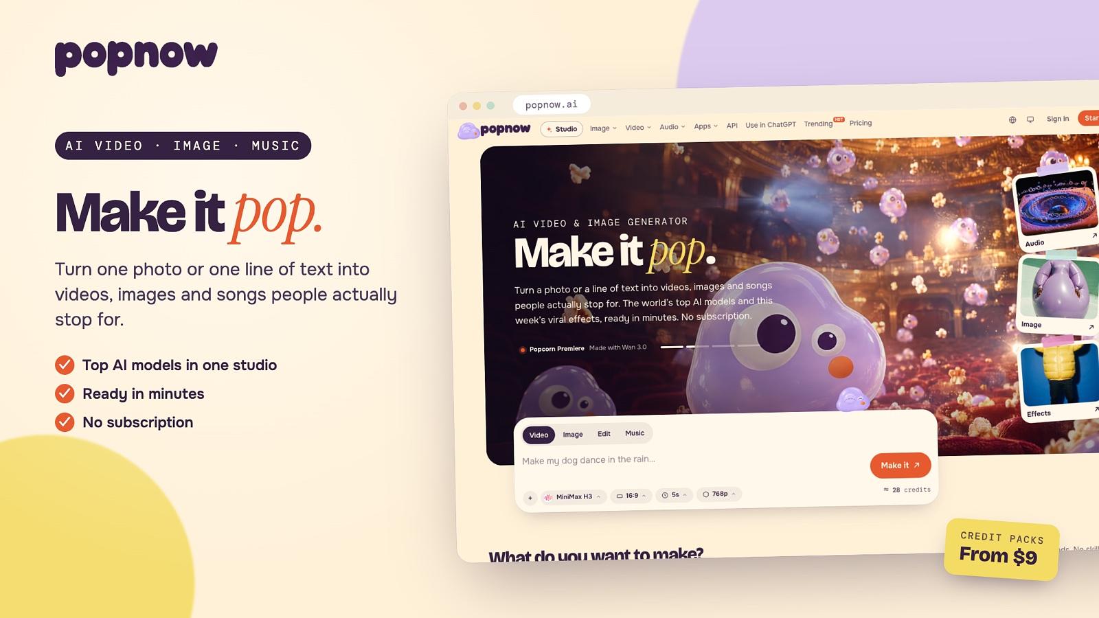 PopNow homepage showing the AI video, image and music studio with the Make it pop headline