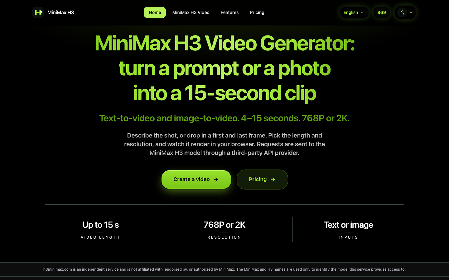 The h3minimax.com home page with the video generator, and the pricing page with credit plans.
