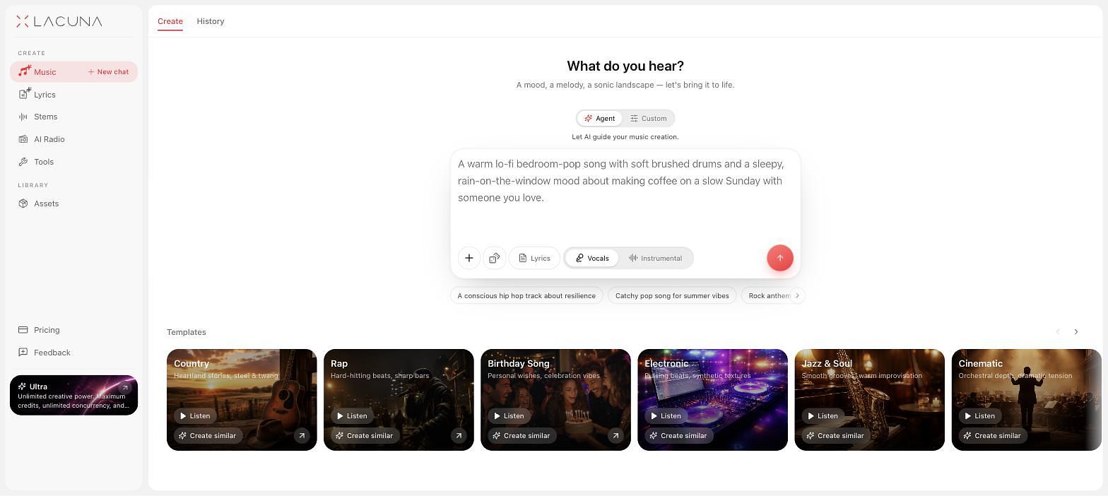 Screenshots of the live Lacuna web interface: the AI Lyrics Generator, the AI Song Generator in Music Agent mode, and the AI Song Generator custom form. — image 2